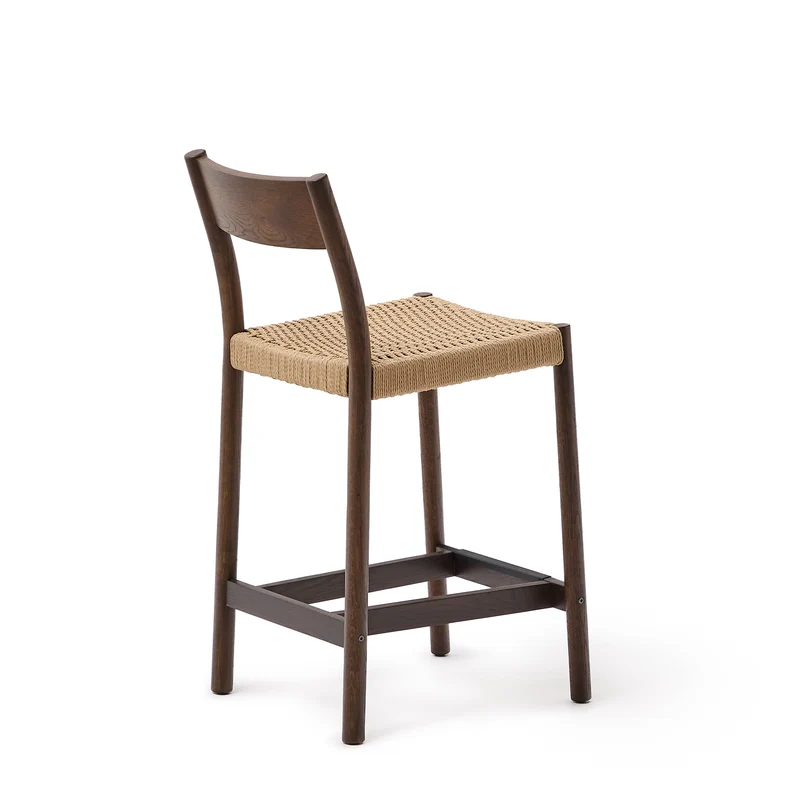 Yalia stool with a backrest in solid oak wood in a walnut finish and rope cord seat 65 cm