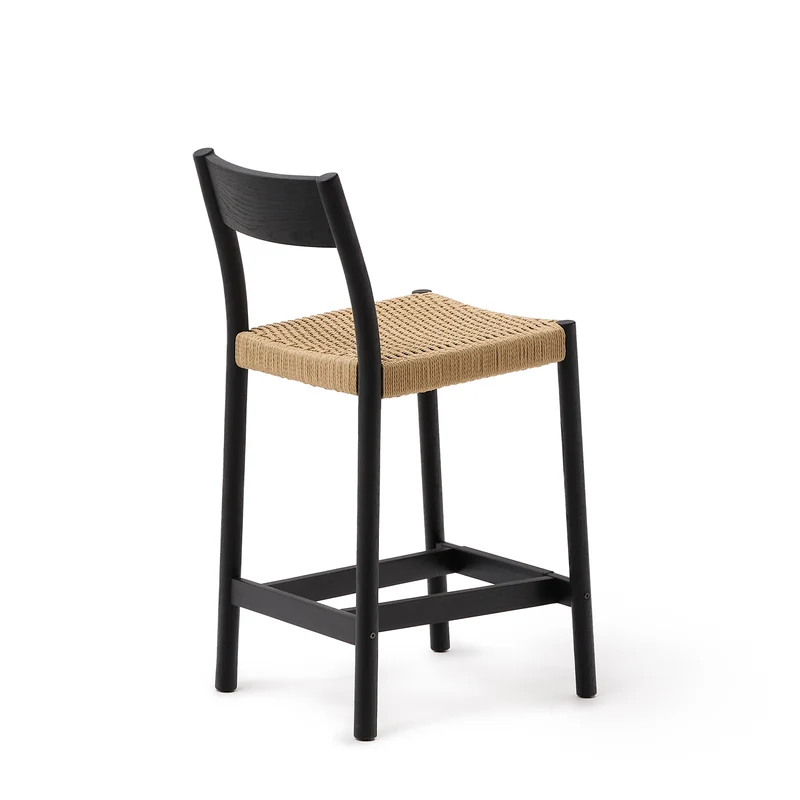 Yalia stool with a backrest in solid oak wood in a black finish and rope cord seat 65 cm