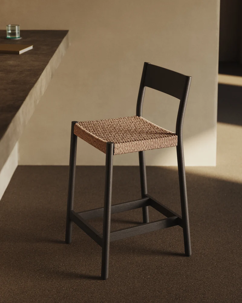 Yalia stool with a backrest in solid oak wood in a black finish and rope cord seat 65 cm