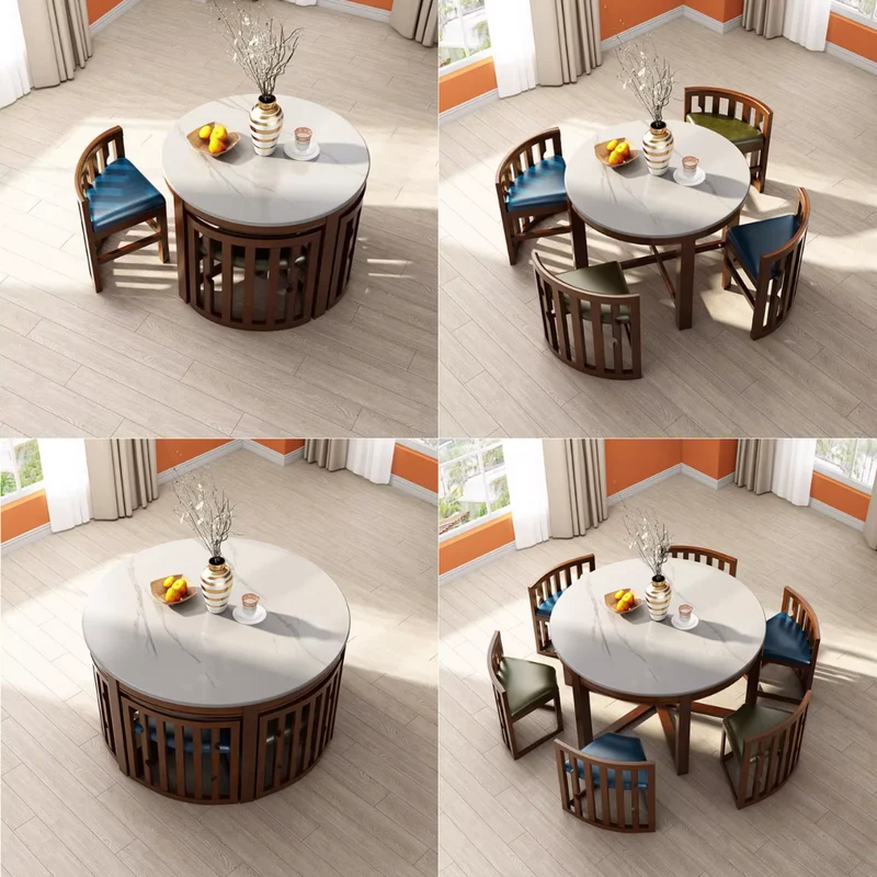 Ensemble table et chaises rondes en bois massif, peu encombrantes, avec chaises intégrées.