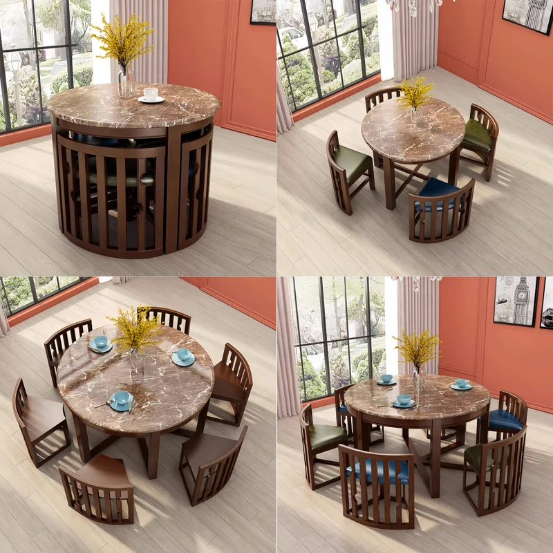 Ensemble table et chaises rondes en bois massif, peu encombrantes, avec chaises intégrées.