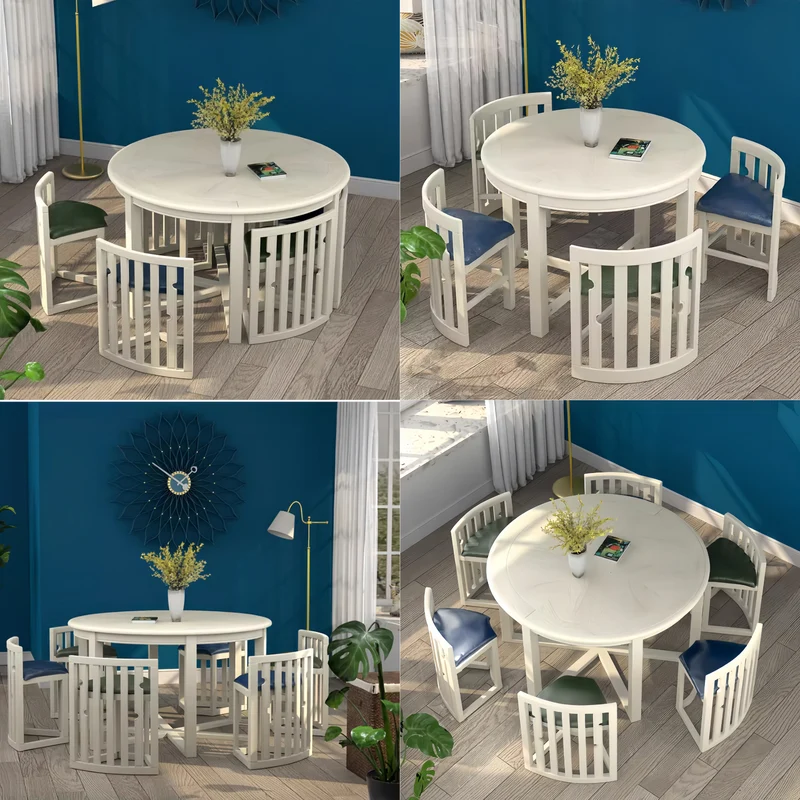 Ensemble table et chaises rondes en bois massif, peu encombrantes, avec chaises intégrées.