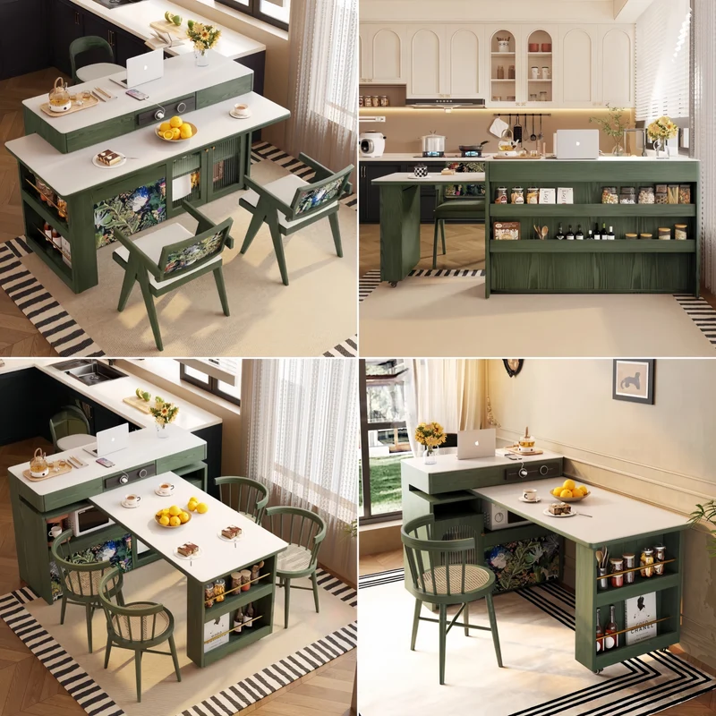 Îlot de cuisine avec plateau en pierre frittée et table pivotante à 180°