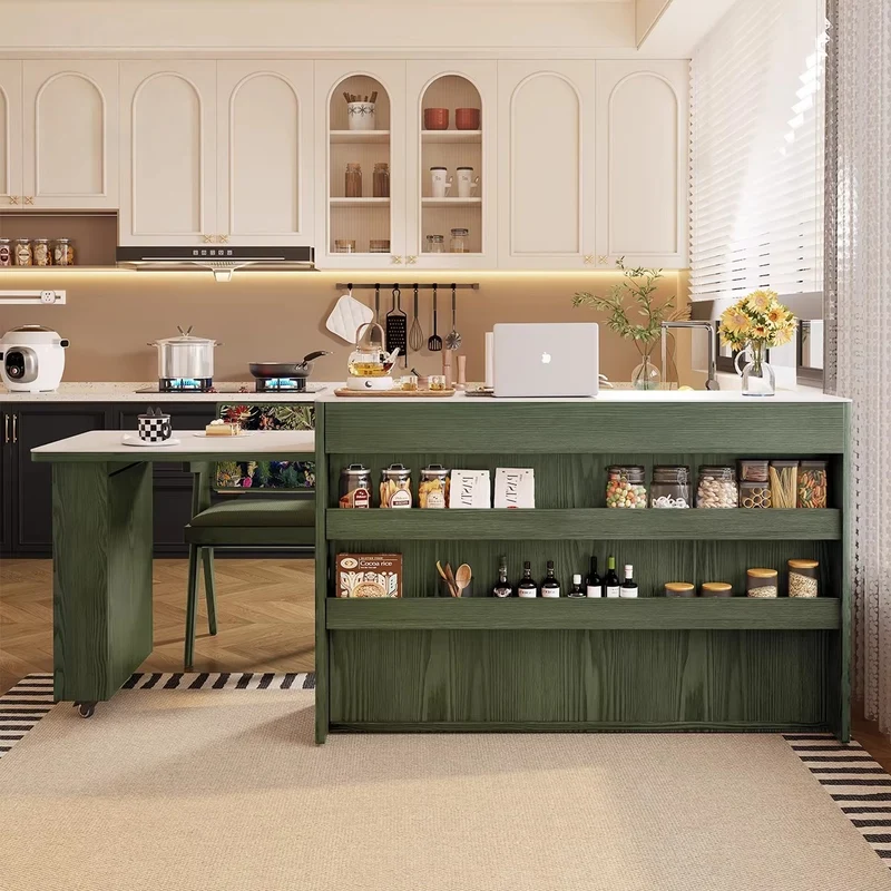 Îlot de cuisine avec plateau en pierre frittée et table pivotante à 180°
