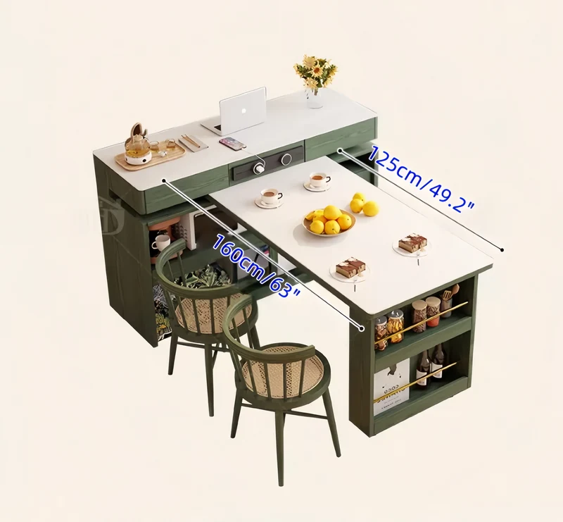 Îlot de cuisine avec plateau en pierre frittée et table pivotante à 180°