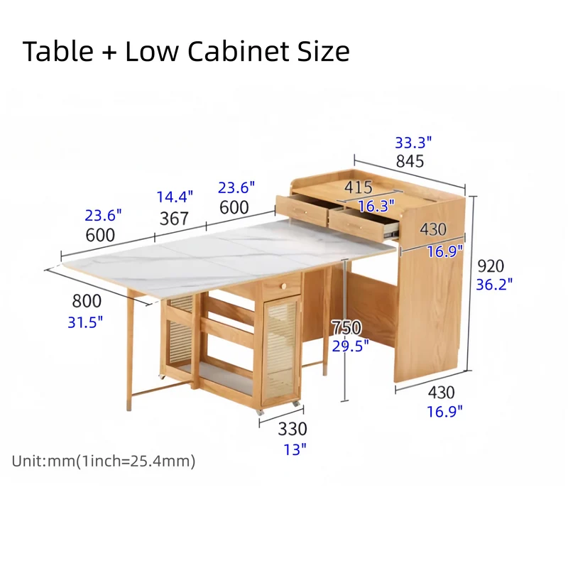 Table de salle à manger à double abattant avec buffet et 4 chaises pliantes