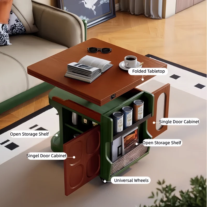 Table d'appoint relevable de style nordique rétro avec rangement et roulettes universelles
