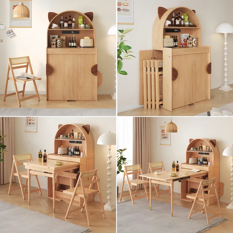 Table de salle à manger pliante en bois massif en forme de chat avec rangement pour chaises