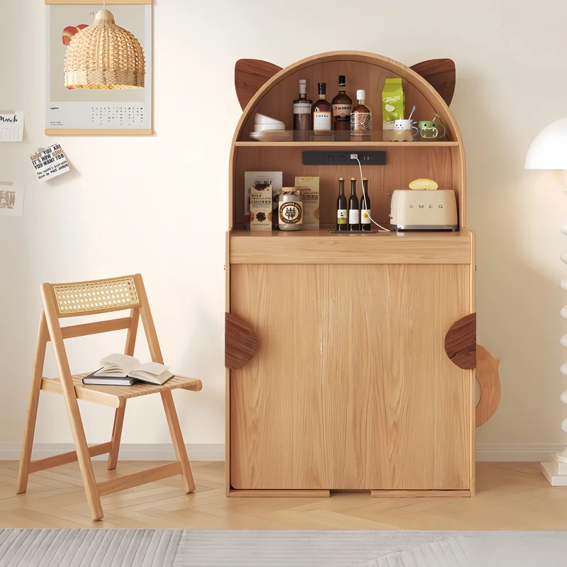 Table de salle à manger pliante en bois massif en forme de chat avec rangement pour chaises