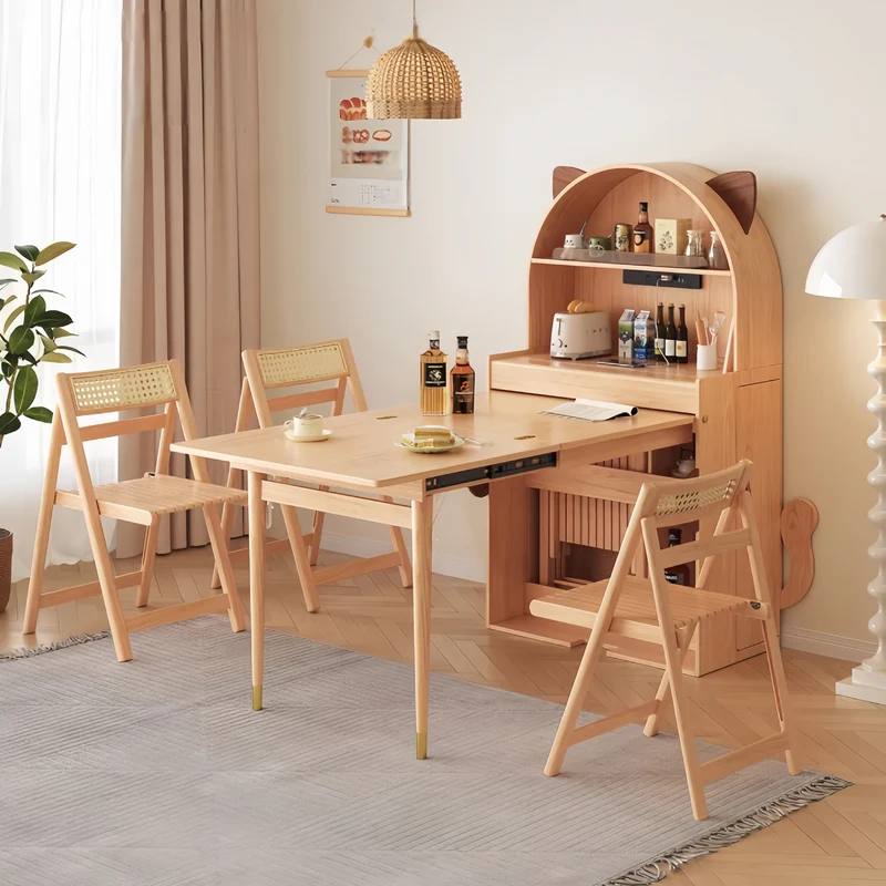 Table de salle à manger pliante en bois massif en forme de chat avec rangement pour chaises