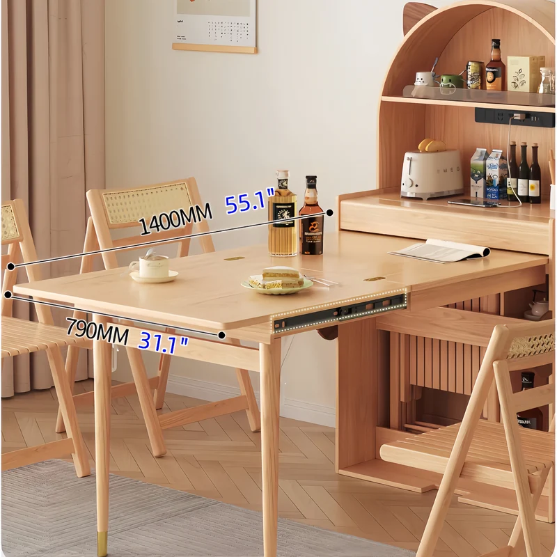 Table de salle à manger pliante en bois massif en forme de chat avec rangement pour chaises