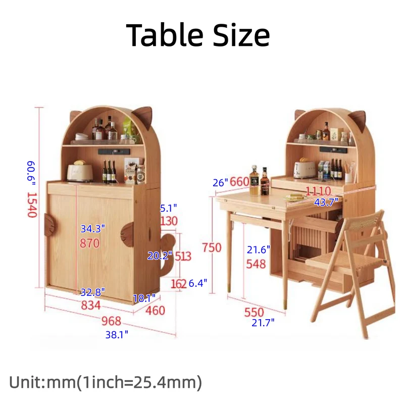 Table de salle à manger pliante en bois massif en forme de chat avec rangement pour chaises