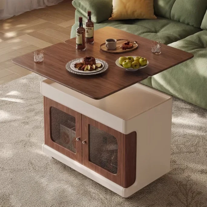 Table basse double multifonction relevable et extensible avec roulettes universelles