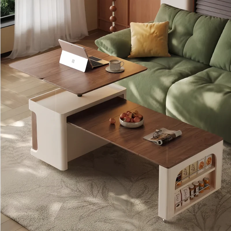 Table basse double multifonction relevable et extensible avec roulettes universelles