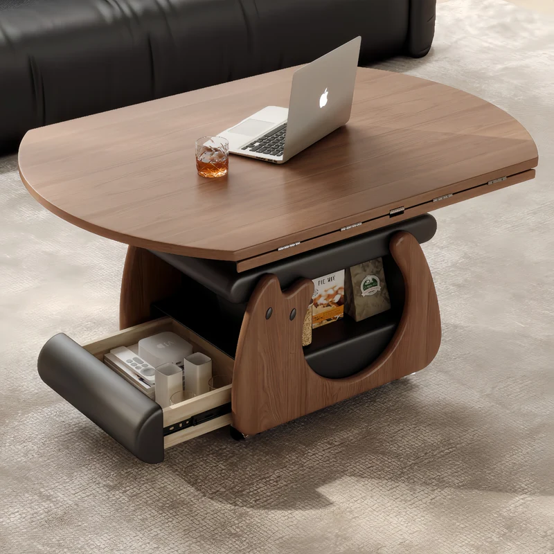 Table basse en bois massif, relevable et pliable, avec rangement et roulettes universelles