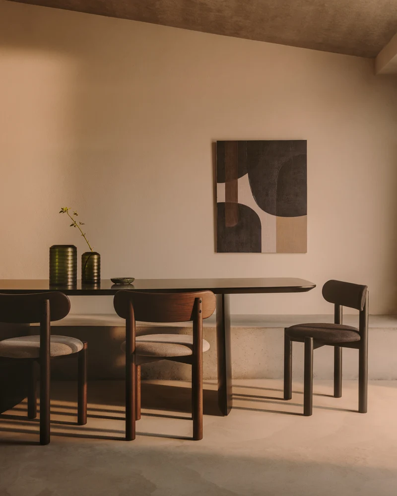 Nebai chair in brown chenille with a solid oak wood structure and walnut finish FSC MIX Credit