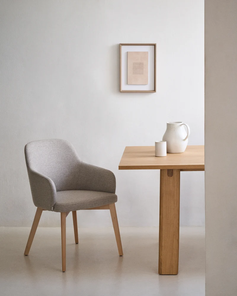 Nelida chair in brown chenille and solid beech wood in a natural finish