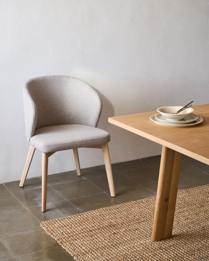Darice chair in brown chenille and solid beech wood in a natural finish