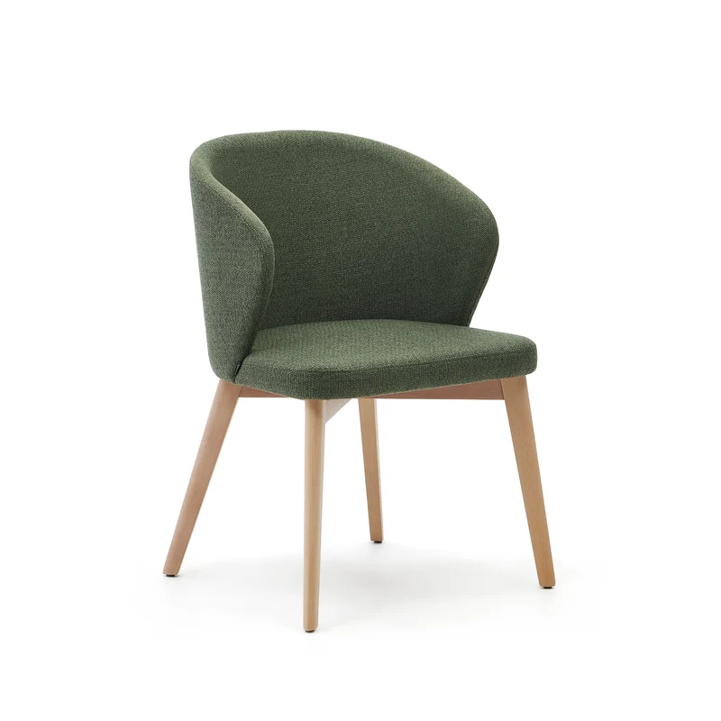 Darice chair in green chenille and solid beech wood in a natural finish