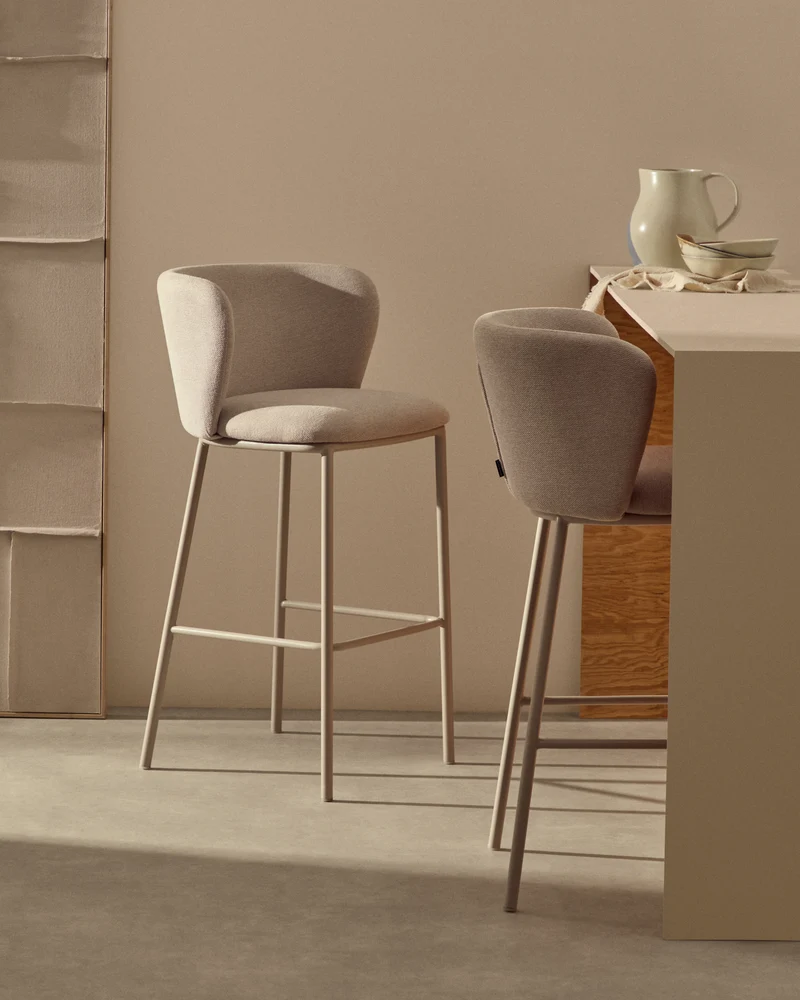 Ciselia stool in beige chenille and beige legs 75 cm