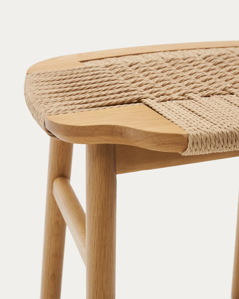 Enit stool made of beige paper cord and solid oak wood with natural finish, 43cm FSC Mix Credit