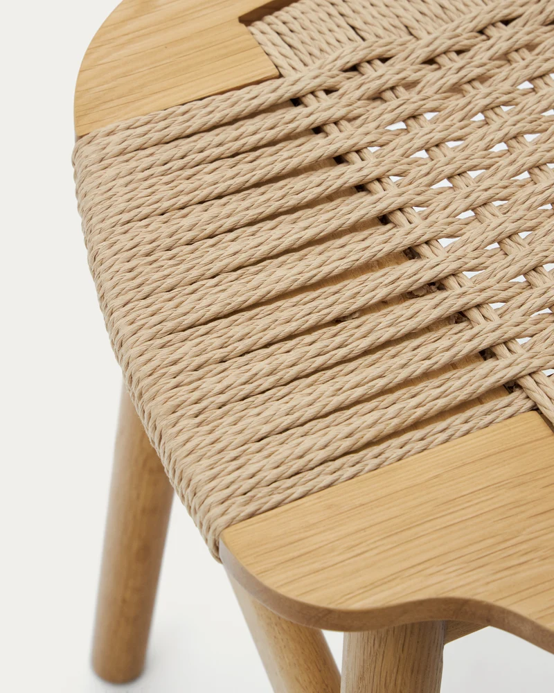 Enit stool made of beige paper cord and solid oak wood with natural finish, 43cm FSC Mix Credit