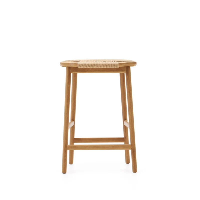 Enit stool made of beige paper cord and solid oak wood with natural finish, 65cm FSC Mix Credit
