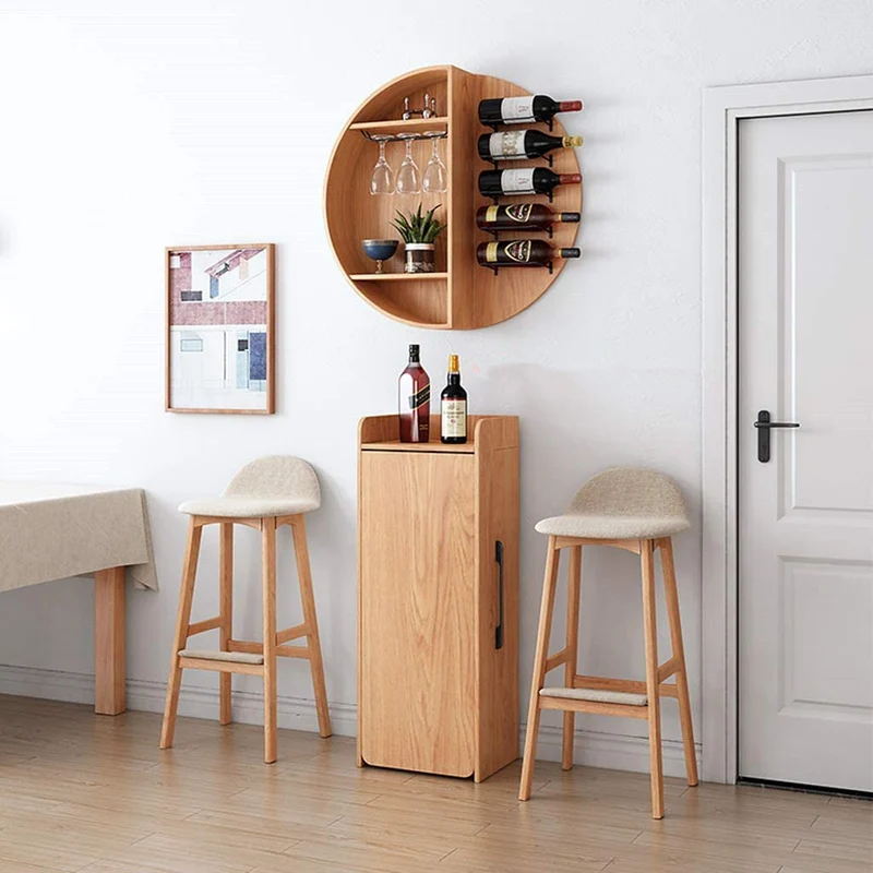 Table de bar à vin rétractable pliante avec étagère à vin ronde fixée au mur (pas de chaises)