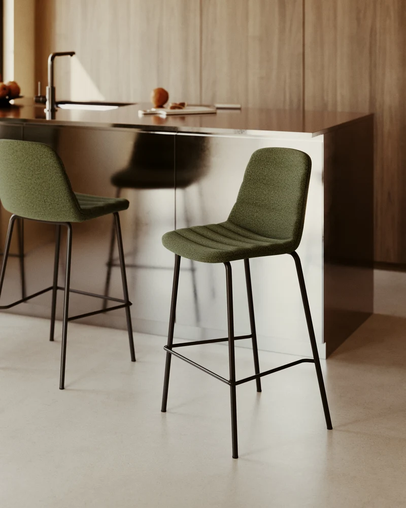 Zunilda stool in dark green and steel chenille with matt black finish 65 cm