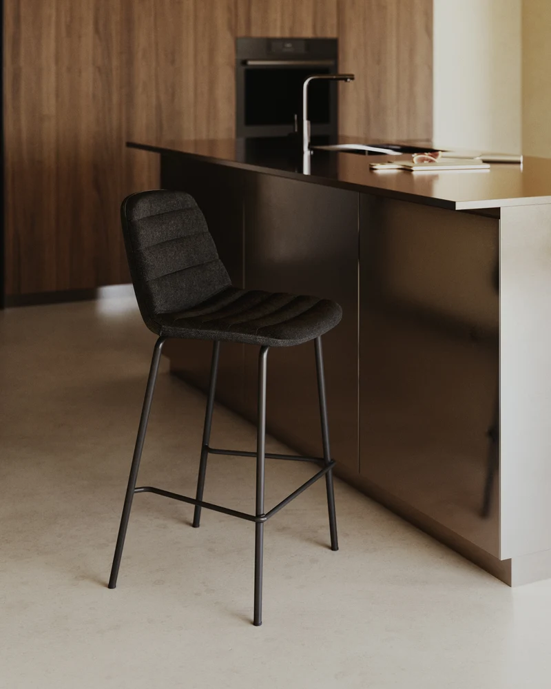 Zunilda stool in black chenille and steel finished with matt black 65 cm