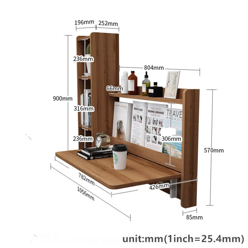 Bureau et étagère pliables fixés au mur