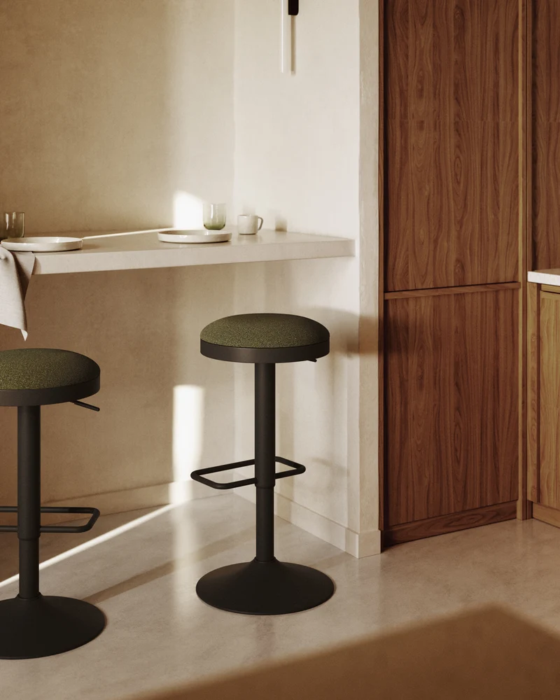 Zaib stool in dark green chenille and matt black steel height 63-84 cm