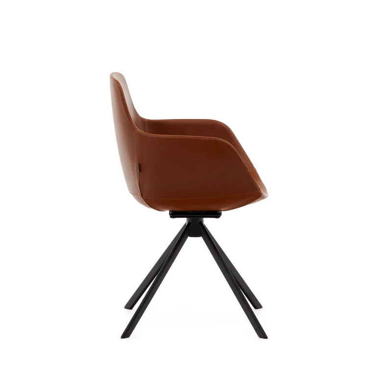 Tissiana self-centring swivel chair in synthetic brown leather and matte black aluminium
