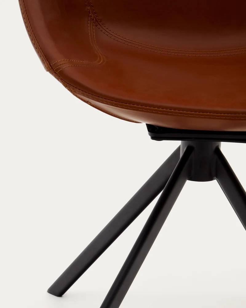 Tissiana self-centring swivel chair in synthetic brown leather and matte black aluminium