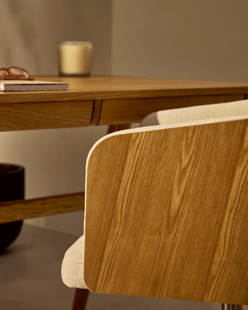 Madai desk chair in beige chenille and ash veneer with natural tone finish FSC Mix Credit