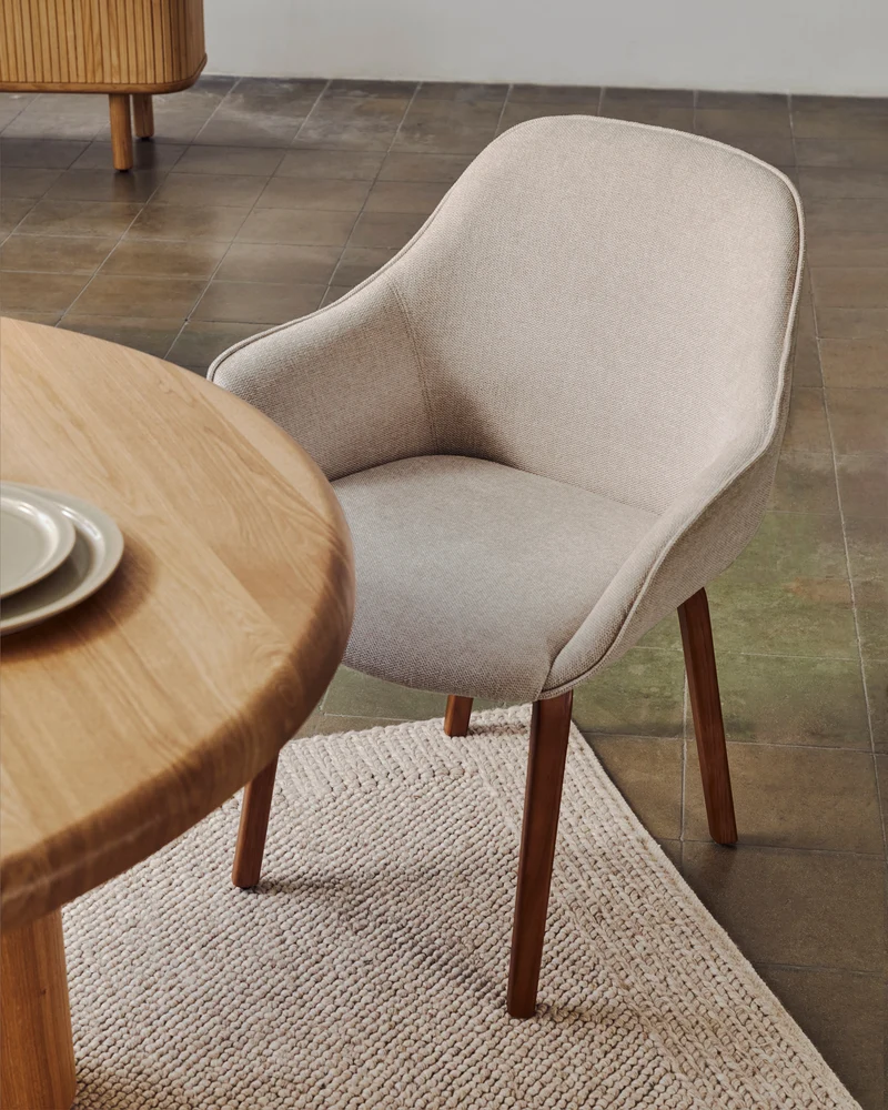 Aleli beige chenille chair with solid ash wood legs and natural finish