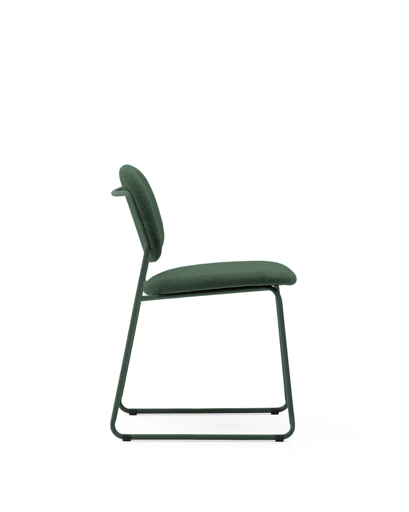 Meli stackable chair in green chenille with green metal legs