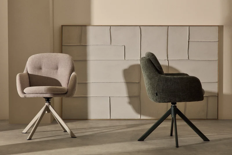Lexa swivel chair in beige chenille and steel legs in a beige finish