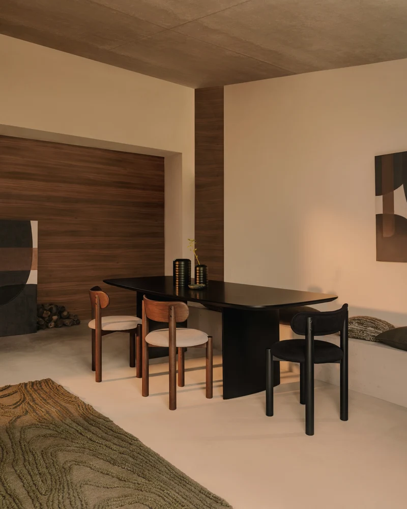 Nebai chair in black chenille with a solid oak wood structure and black finish FSC MIX Credit
