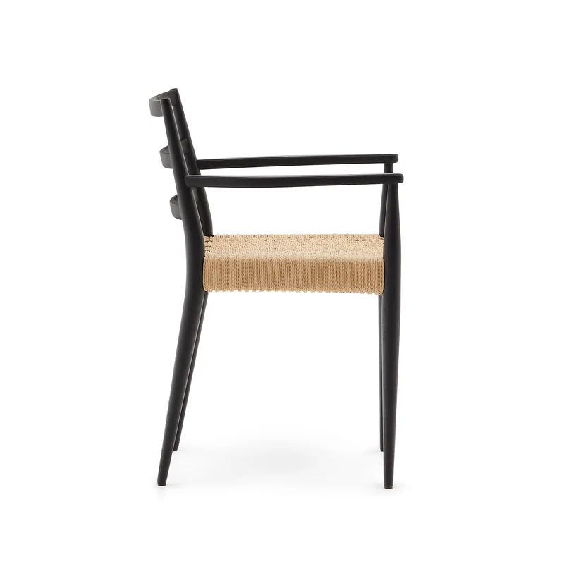 Analy chair with armrests in solid oak wood in a black finish and rope cord seat