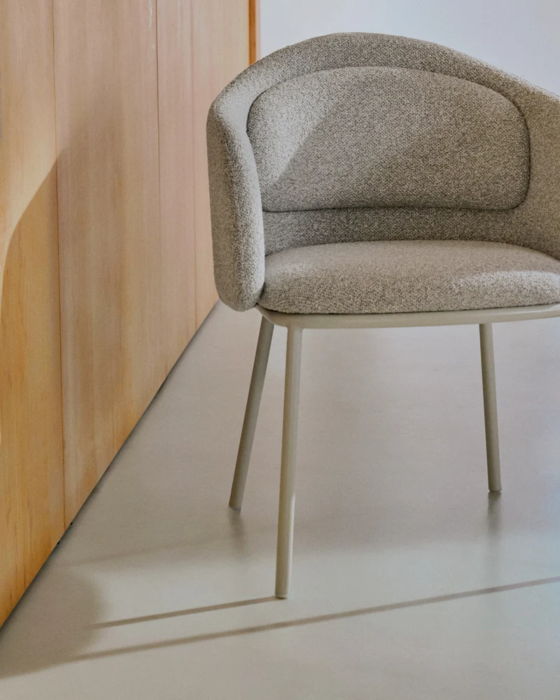 Idaira chair in thick beige chenille and steel legs in a beige finish, FSC Mix Credit
