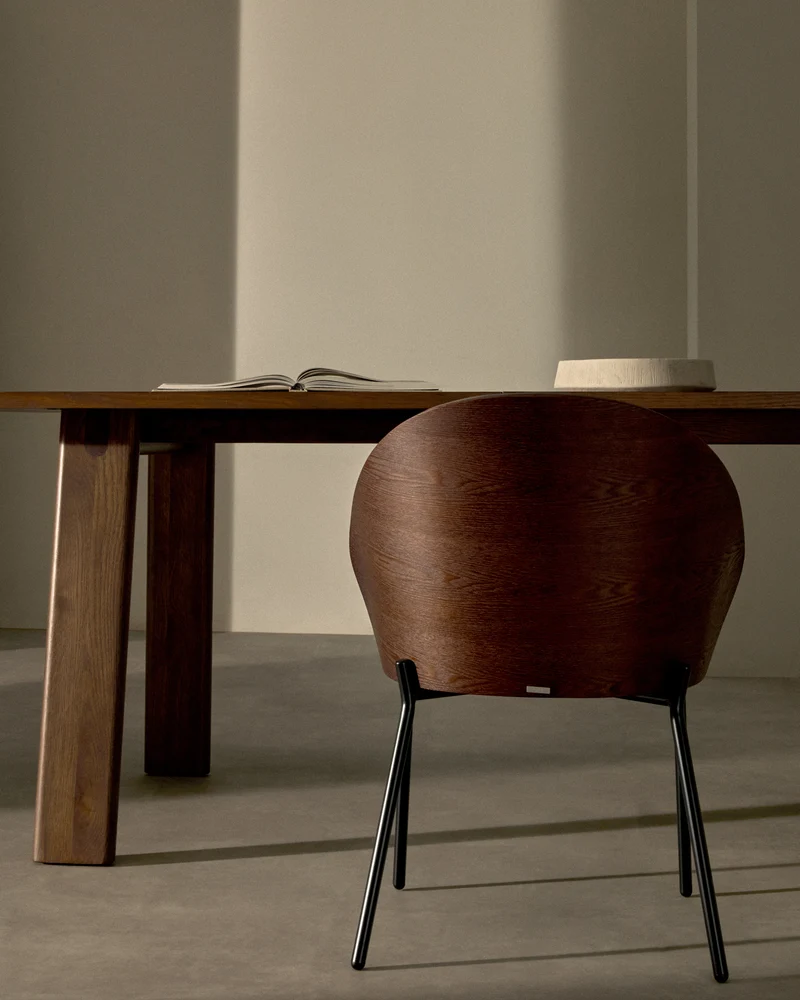 Eamy chair in brown faux leather & walnut