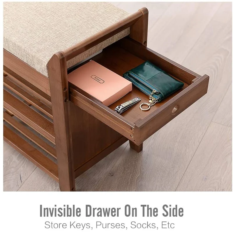 Banc à chaussures en bambou à 2 niveaux avec coussin amovible et tiroir invisible et support de rangement pour parapluie latéral