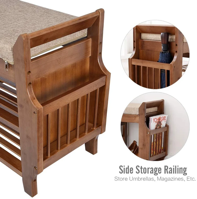 Banc à chaussures en bambou à 2 niveaux avec coussin amovible et tiroir invisible et support de rangement pour parapluie latéral