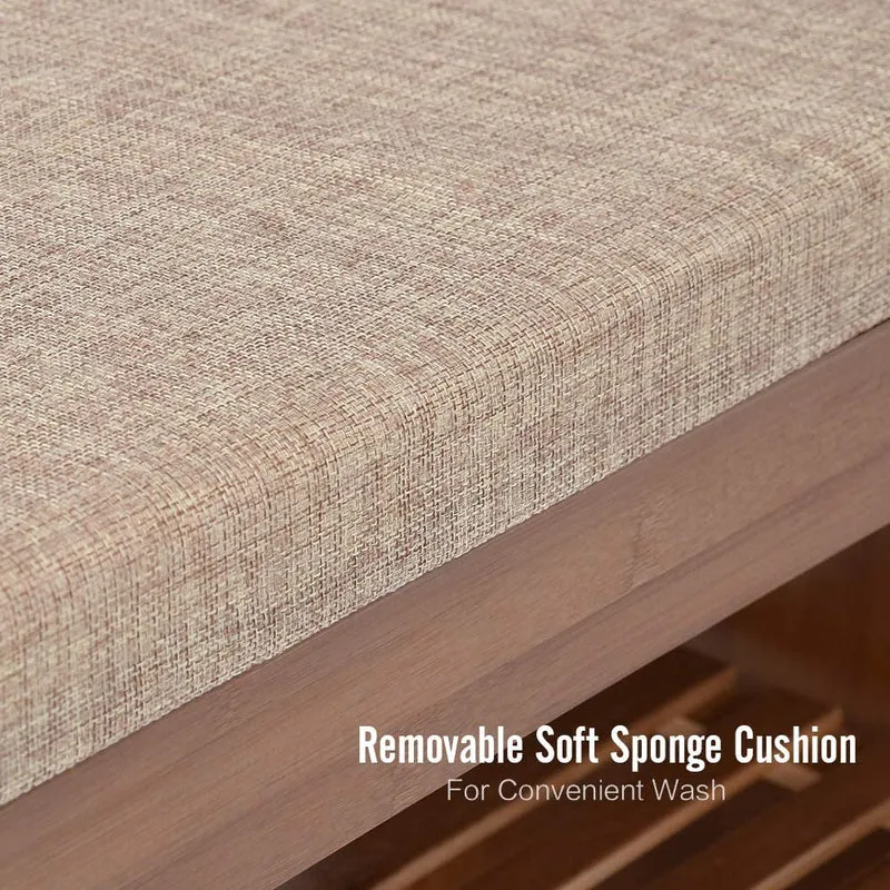 Banc à chaussures en bambou à 2 niveaux avec coussin amovible et tiroir invisible et support de rangement pour parapluie latéral
