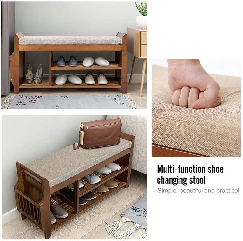 Banc à chaussures en bambou à 2 niveaux avec coussin amovible et tiroir invisible et support de rangement pour parapluie latéral