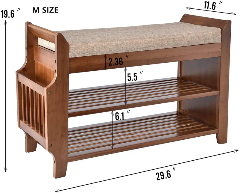 Banc à chaussures en bambou à 2 niveaux avec coussin amovible et tiroir invisible et support de rangement pour parapluie latéral