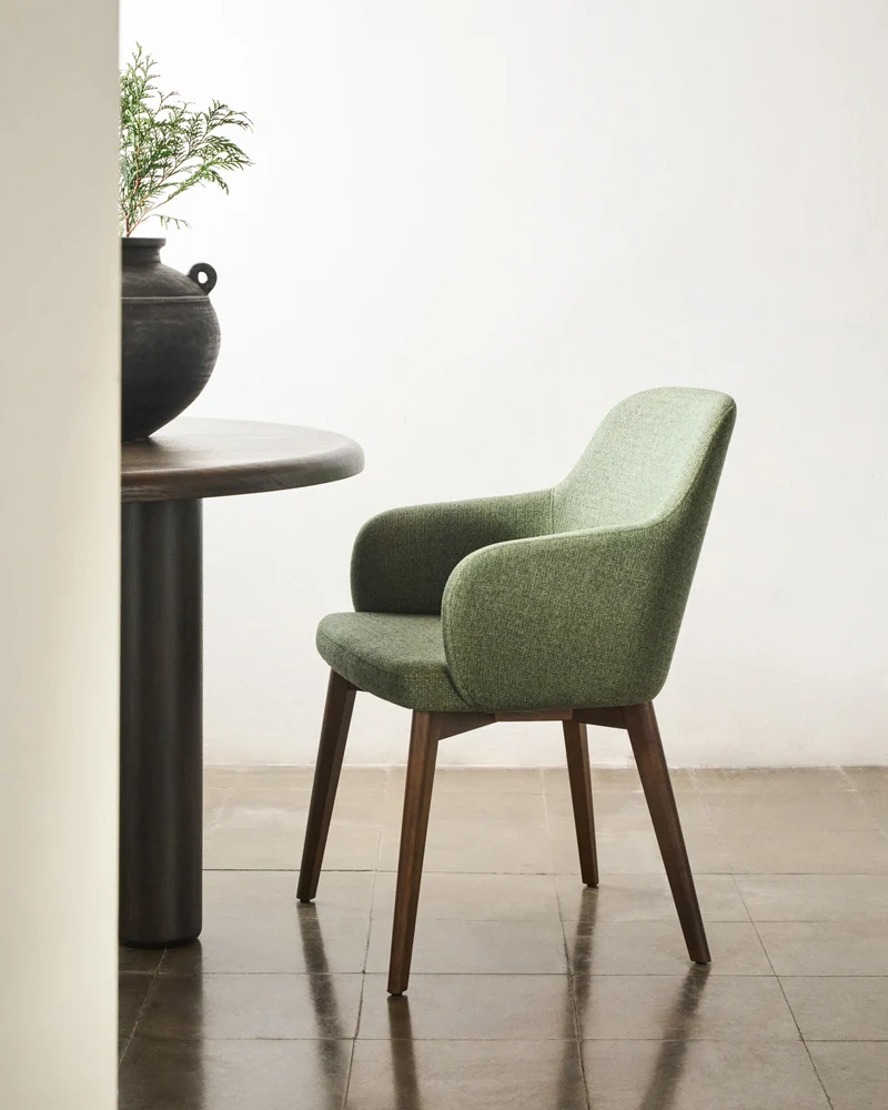 Nelida chair in green chenille and solid beech wood in a walnut finish