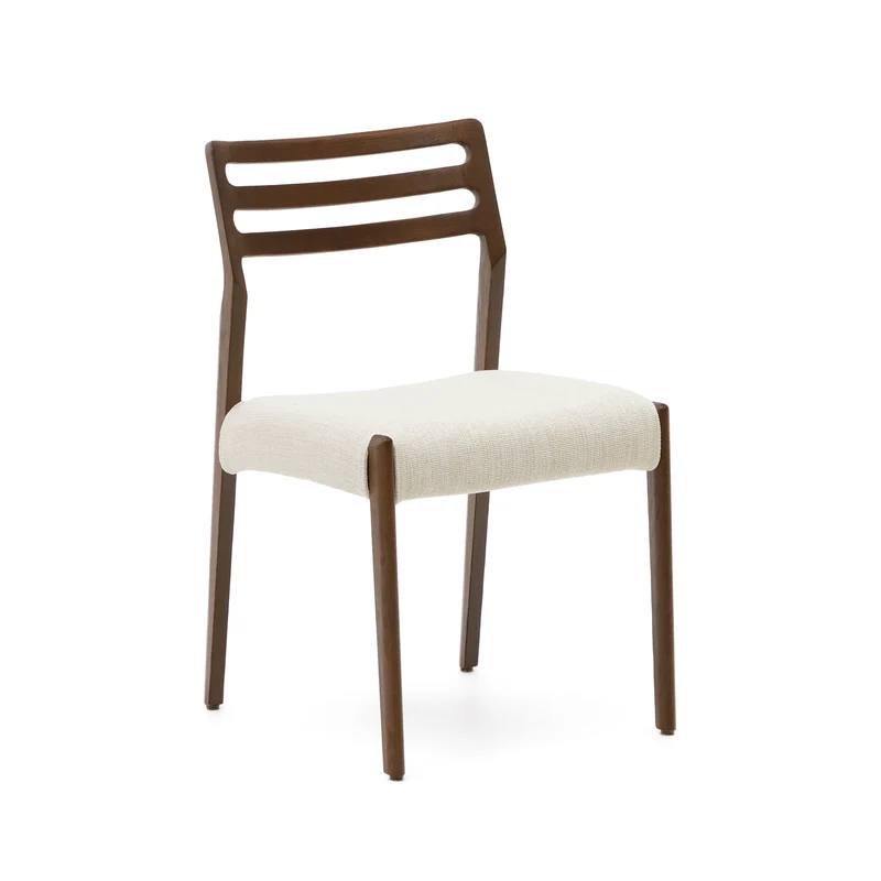 Cudia chair removable cover in beige chenille solid oak wood walnut finish FSC Mix Credit