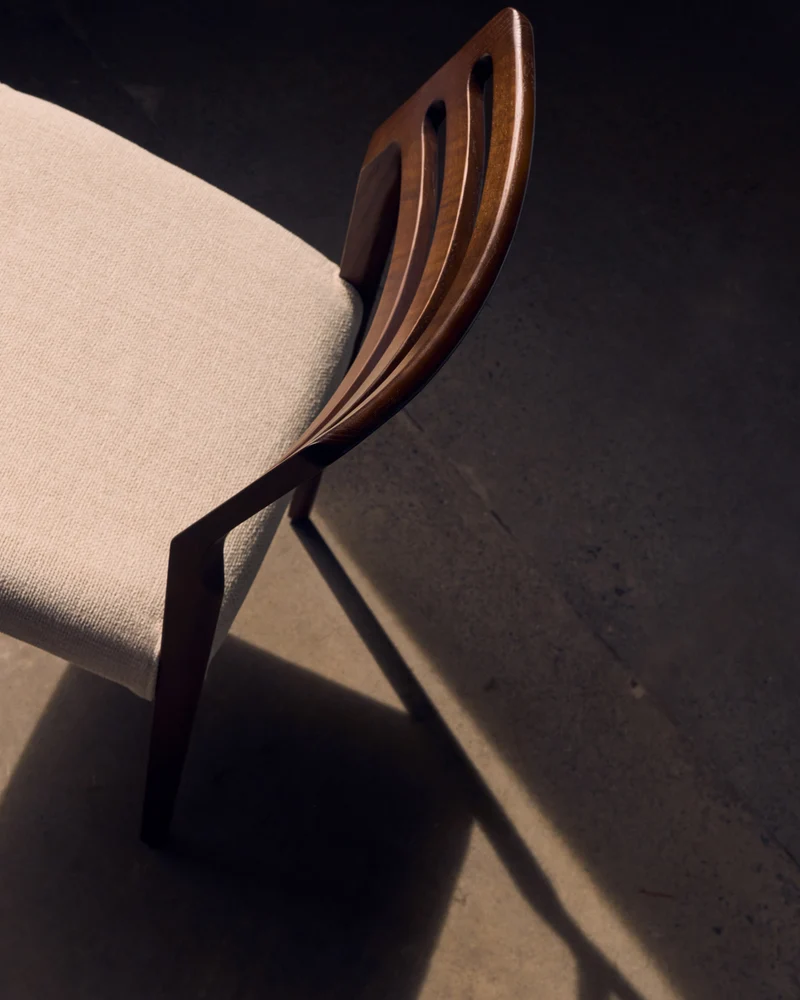 Cudia chair removable cover in beige chenille solid oak wood walnut finish FSC Mix Credit